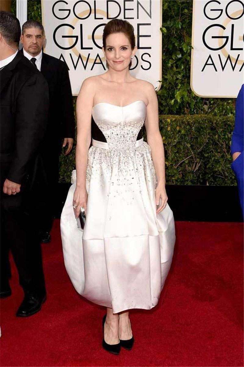 Hochzeit - Tina Fey 2015 72th Golden Globe Award Evening Dresses Gowns Black White A Line Sweetheart Beaded Formal Dresses Red Carpet Dresses, $108.85 