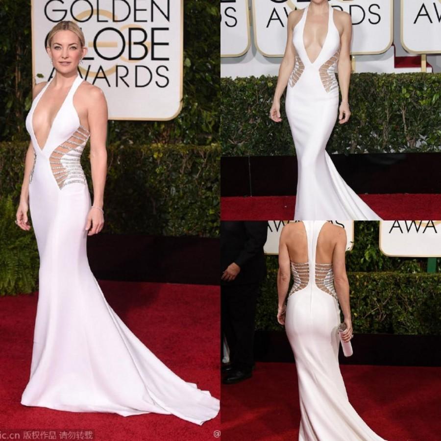 Wedding - Kate Hudson 72th Golden Globes White Evening Celebrity Dress Deep V Neck Sweep Train Hollow Party Prom Chiffon Beaded Sexy Red Carpet Gown, $104.82 