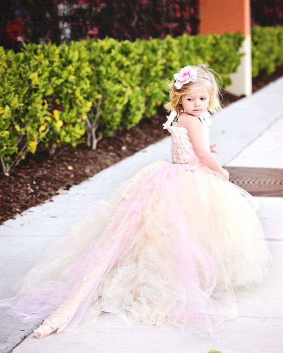 Hochzeit - Reserved For Kaley Turner--Lace Flower Girl Dress W Tutu And Detachable Train--Pink Champagne--Perfect For Weddings, Pageants And Portraits
