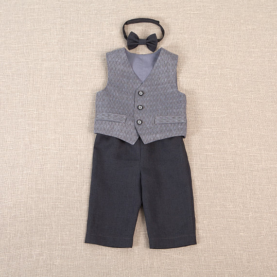 Hochzeit - Baby boy linen suit ring bearer outfit baptism baby boy clothes kids natural clothing grey rustic wedding beach suit kids eco friendly