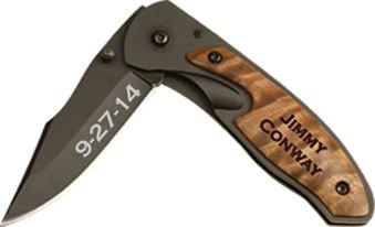 Hochzeit - Custom Engraved Black Blade Wood Inlay Knife - pocket knife with wood handle - groomsmen gift, birthday gift