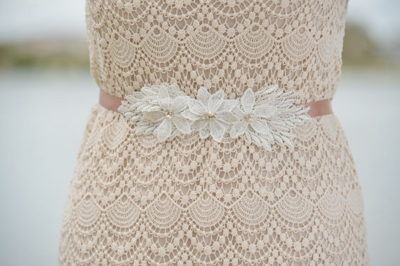 Wedding - Whimsical Ivory flower lace and pearl bridal sash belt