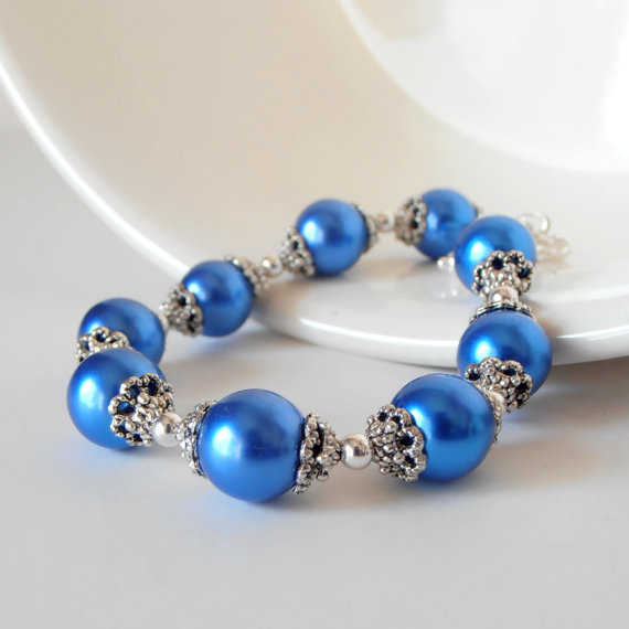 زفاف - Bridesmaid Bracelets, Horizon Blue Pearl Bracelet Bridal, Cobalt Wedding Jewelry Sets, Electric Blue Bridesmaid Jewellery, Antiqued Silver
