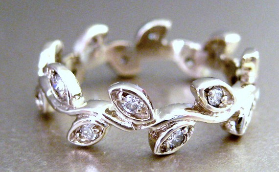 Wedding - Engagement ring.  14k white gold leaf ring with diamonds. Leaf engagement ring. Leaf wedding band.