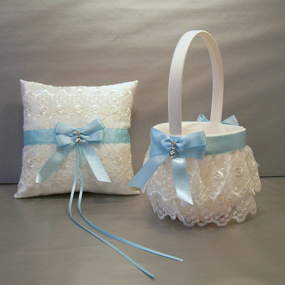 Hochzeit - Light Blue Wedding Bridal Flower Girl Basket and Ring Bearer Pillow Set on Ivory or White ~ Double Loop Bow & Hearts Charm ~ Allison Line
