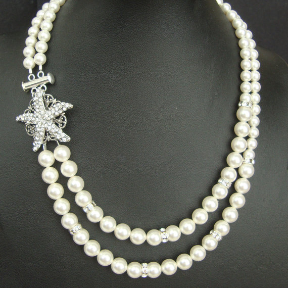 زفاف - Starfish Bridal Necklace, Pearl Wedding Necklace, Vintage Style Wedding Jewelry, Rhinestone Starfish Necklace, Beach Wedding ,SEA MAIDEN