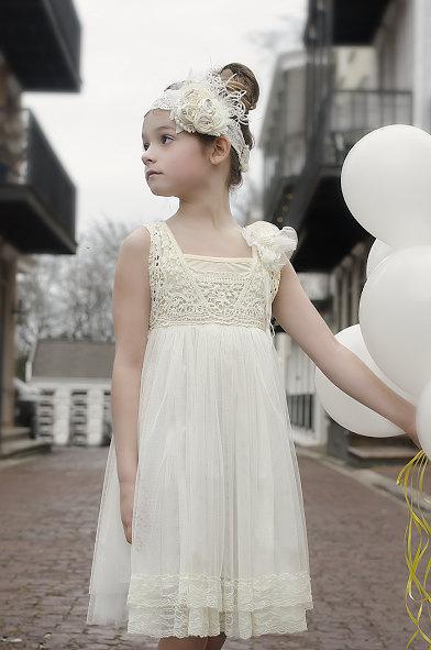 Wedding - Cream Crochet Lace Girl's Dress and headband/Wedding/Flower girl dress