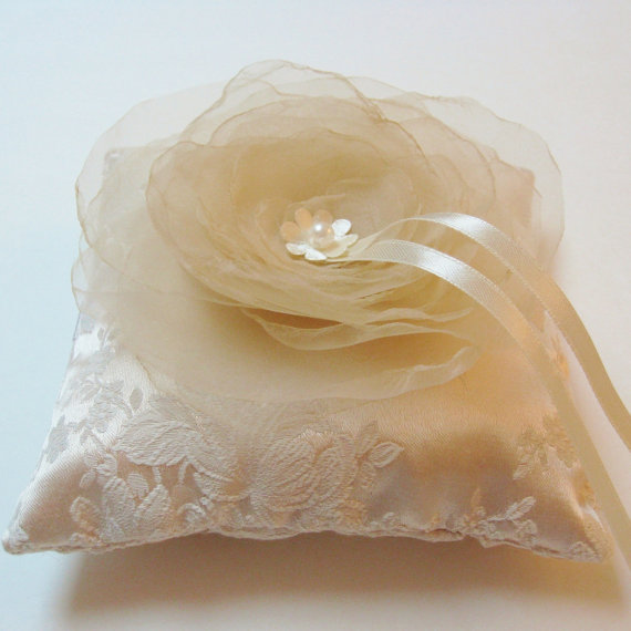 Hochzeit - Wedding Ring Pillow in Ivory Beige Bloom on Brocade Cream Satin