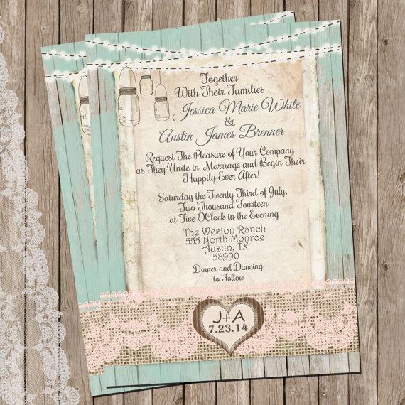 Wedding - Mint and Peach, Burlap and Lace Wedding Invitation, Rustic, Wood fence,  Printable, Digital File, Personalized, 5x7,