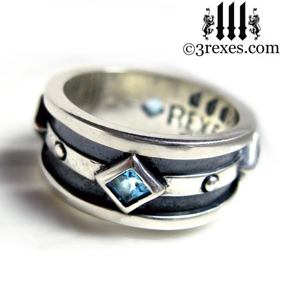 Свадьба - Silver Moorish Gothic Wedding Ring Blue Topaz Stone Sterling Engagement Band Size 10.5