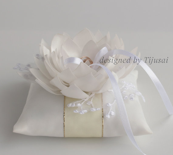 Wedding - Ring pillow with Lily flower and embroiderings ---ring bearer pillow, wedding rings pillow , wedding pillow, ready to ship