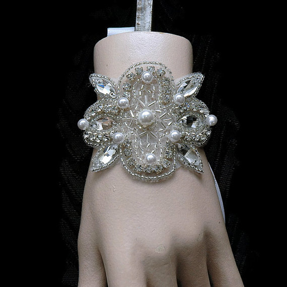 Wedding - Crystal Bridal Bracelet, Rhinestone Wedding Bracelet, Crystal and Pearl Bridal Cuff Bracelet, Couture Bracelet, 1920s Jewelry, Bridal Sash