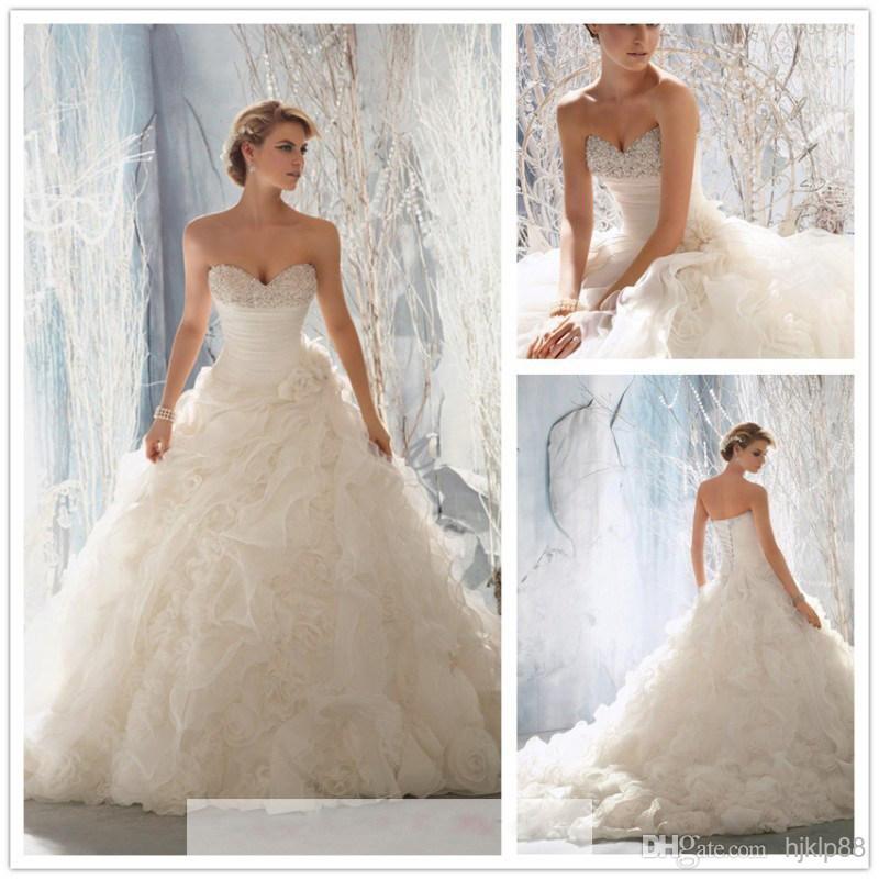 Свадьба - 2014 New Arrival Strapless Ruffles Wedding Dresses Beaded Pearls Bridal Gown White/Ivory Organza Wedding Dress Lace Up Handmade Flowers Online with $135.46/Piece on Hjklp88's Store 