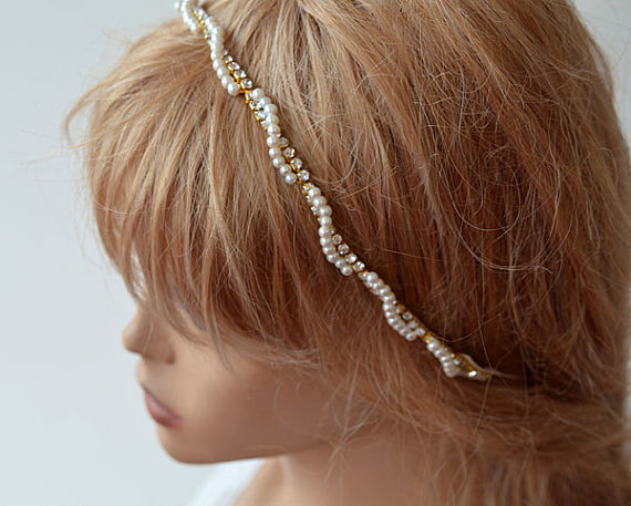 Hochzeit - Gold and Pearl Headband, Gold Bridal Hair Accessory, Gold Bridal Hair Crown, Pearls and Crystal Headbands, Wedding Hair Accessory