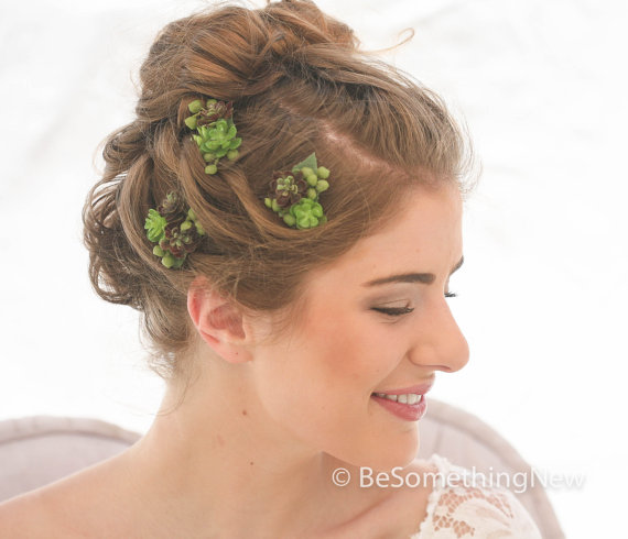 Hochzeit - Tiny Succulent Bobby Pin Set, Wedding Hair Bobby Pins, Artificial succulent hair accessories, Bohemian Rustic Wedding Hair Accessory