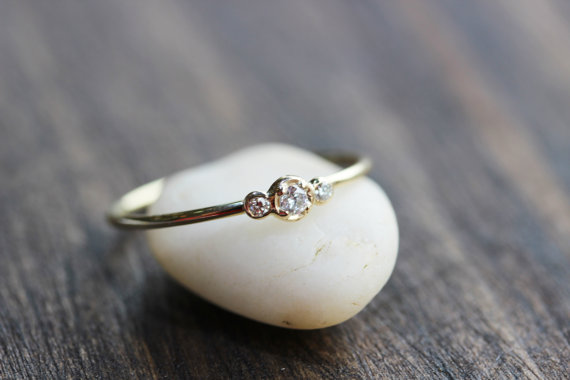 Wedding - Three Brilliant Diamonds In 14k gold,Diamond Thin Band Ring,14k Yellow Solid Gold Diamond Ring, 3stones Diamond Engagement Ring