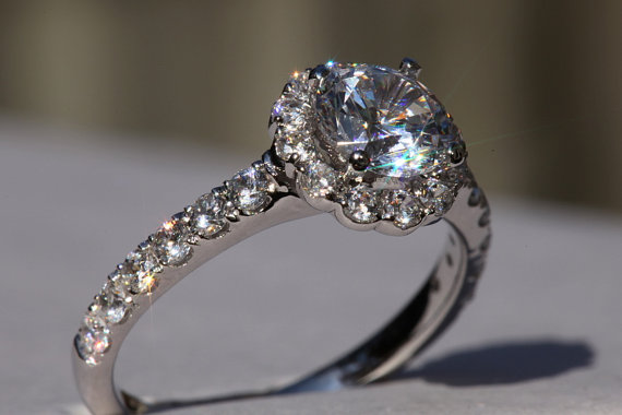 زفاف - 14k CUSTOM Made - Diamond Engagement Ring  Semi Mount Setting with a 1carat CZ center- .61carat  Round - Flower Halo - Pave - Bp0014