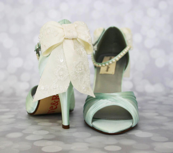 Hochzeit - Wedding Shoes -- Mint Peep Toe Wedding Shoes with Ivory Lace Overlay Bow and Pearl Covered Ankle Strap