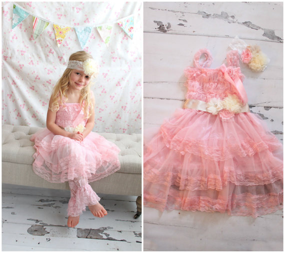 Mariage - Flower Girl Lace Dress, Easter Outfit, Valentine's Dress Baby Girl - Girls 4/5. Chiffon Lace Dress, Rose Sash, Headband Hair Bow, & Leggings