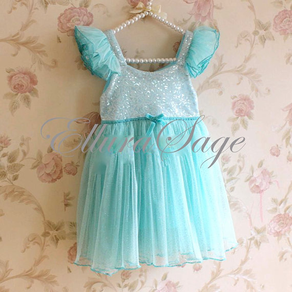 Свадьба - Flower Girl Dress, Frozen Birthday Dress, Aqua Sparkle Princess Dress, Wedding Flower Girl Dress, Baby Party Dress, Frozen Tutu Dress