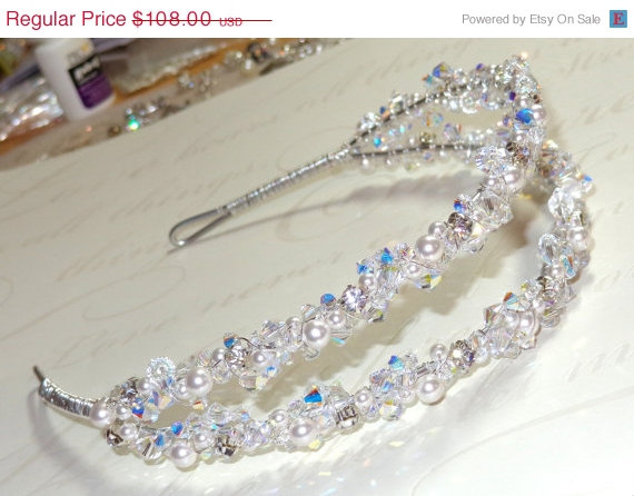 Mariage - 20% OFF SALE Bridal Wedding Swarovski Crystal Pearl Heavenly Double Tiara Band Headband Rhinestones Crystals Pearls Veil