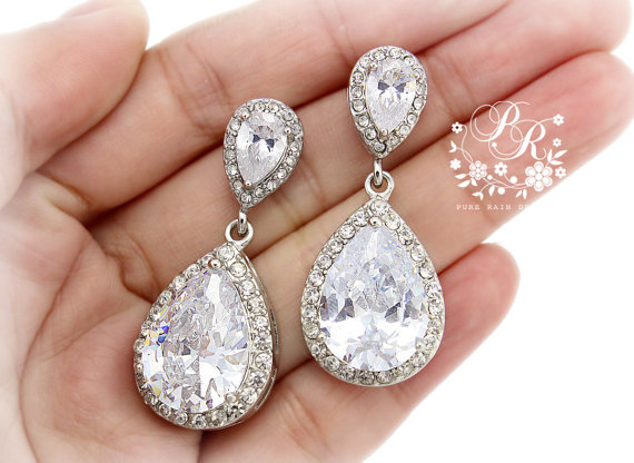 Mariage - Wedding Earrings Platinum plated Zirconia Earrings Wedding Jewelry Bridesmaid Earrings Bridal Earrings Wedding Accessory Bridal Jewelry