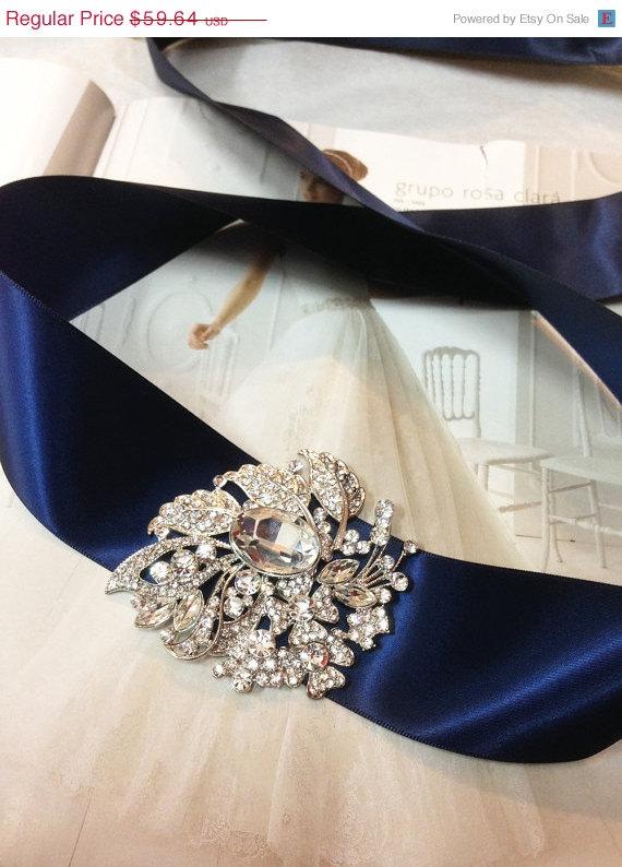 زفاف - Bridal sash, crystal sash, Navy blue ribbon sash, rhinestone belt, wedding accessory, bridal belt, bridesmaid belt