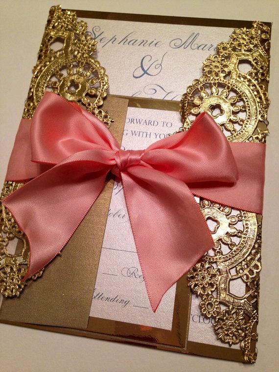 Mariage - DEPOSIT - Metallic Doilies Wedding Invitation Suite with Ribbon Bow