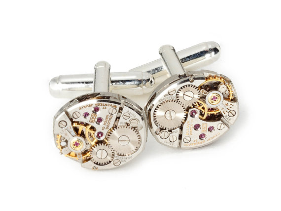 زفاف - Steampunk Cufflinks vintage Bulova watch movements gears wedding anniversaryGrooms Gift silver cuff links mens jewelry Steampunk Nation