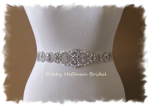 Hochzeit - Rhinestone Crystal Pearl Beaded Bridal Sash, 11 inch Pearl Wedding Dress Belt, Jeweled Wedding Sash, No 4060S-11, Wedding Belts and Sashes