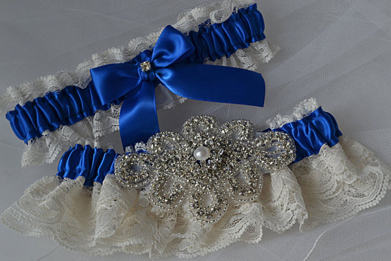 Hochzeit - Wedding Garter Set - Royal Blue Garters with Ivory Raschel Lace and Crystal Rhinestone Applique