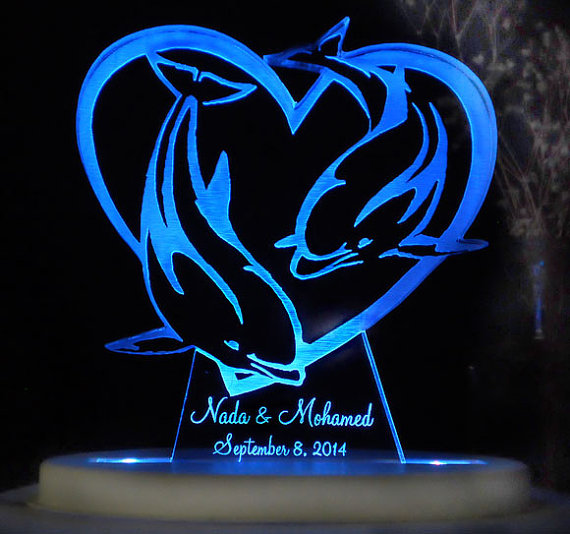 Wedding - Dolphin Heart  Wedding Cake Topper  - Engraved & Personalized