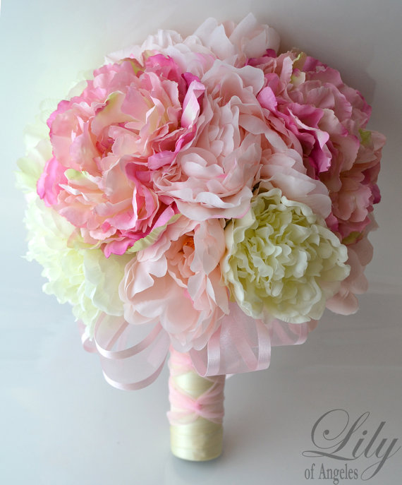 Wedding - 17 Piece Package Wedding Bridal Bride Maid Of Honor Bridesmaid Bouquet Boutonniere Corsage Silk Flower PINK IVORY Peony "Lily of Angeles"