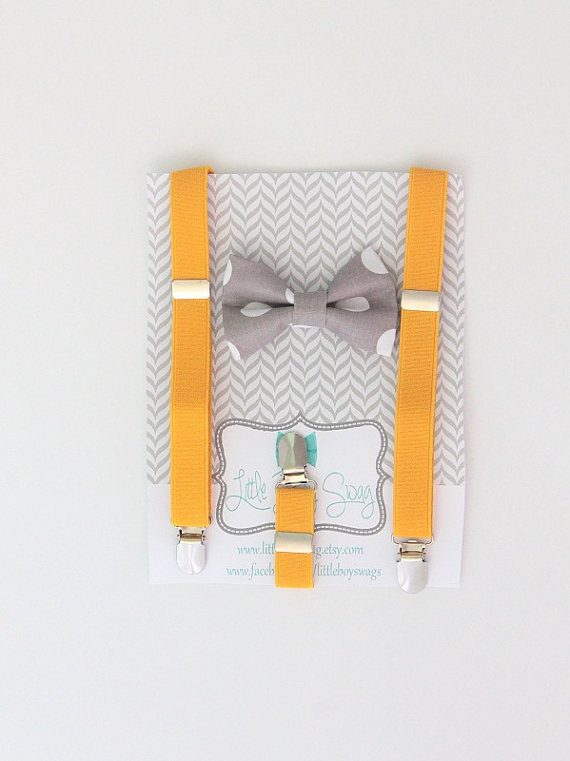 Mariage - Grey Polka Dot Bow Tie with Yellow Suspenders..Kids Clothing..Kids bow tie and suspenders set..Wedding bow tie..Ring Bearer Outfit..Summer