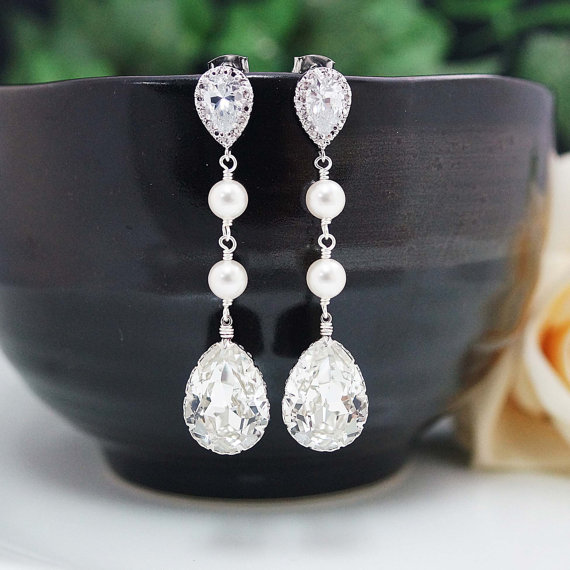Hochzeit - Wedding Bridal Jewelry Bridal Earrings Bridesmaid Earrings Cubic zirconia earrings with Clear White Swarovski Crystal and Pearls Tear drops