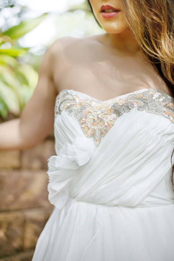 Hochzeit - Wedding Dress- Beaded Sequins Strapless  Bustier Chiffon Bohemian- Bello Gown White Sample Ready To Ship
