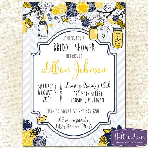 زفاف - Bridal Shower Invitation - Mason Jar Bridal Shower Invitation - Bridal Shower Invite - Yellow Navy Blue Mason Jar - Wedding - 1208 PRINTABLE