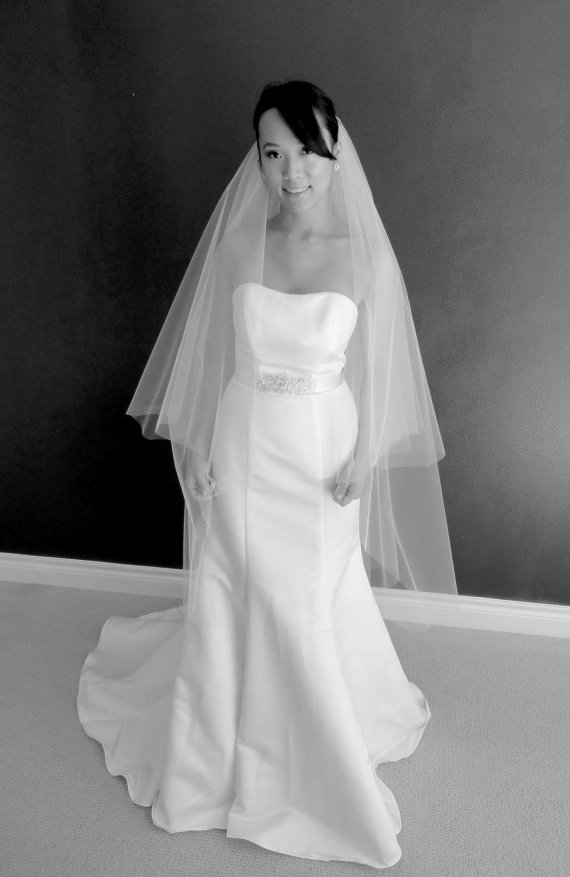 زفاف - Camilla** Waltz Length Veil with Blusher, Bridal Veil, Ivory, White, Tulle, 51" Length