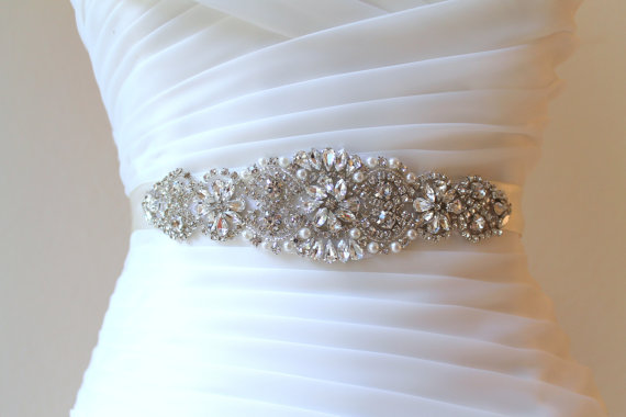 Hochzeit - Bridal beaded crystal, pearl sash.  Rhinestone applique wedding belt.  VINTAGE MODE