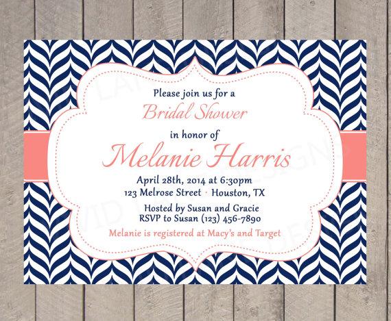 Wedding - Bridal Shower Invitation, Navy and Coral, Wedding Shower Invitation, Printable, Navy Chevron, Invite - 111