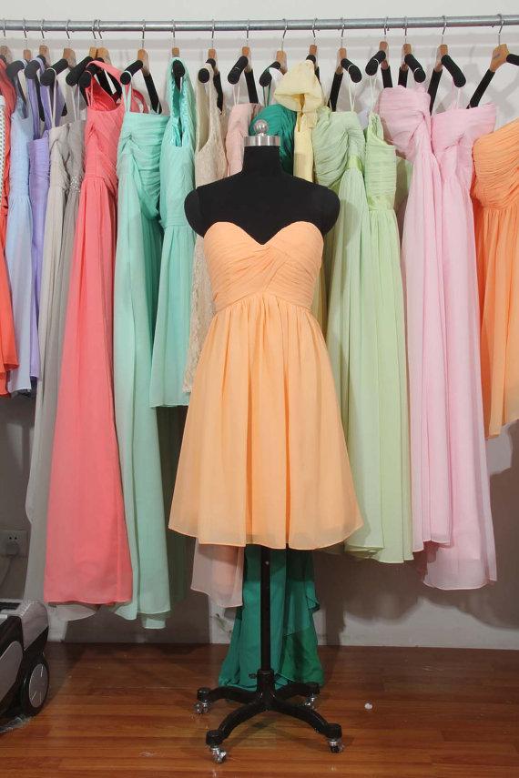 Hochzeit - Peach Bridesmaid Dress, A-line Sweetheart Short Chiffon Bridesmaid Dress