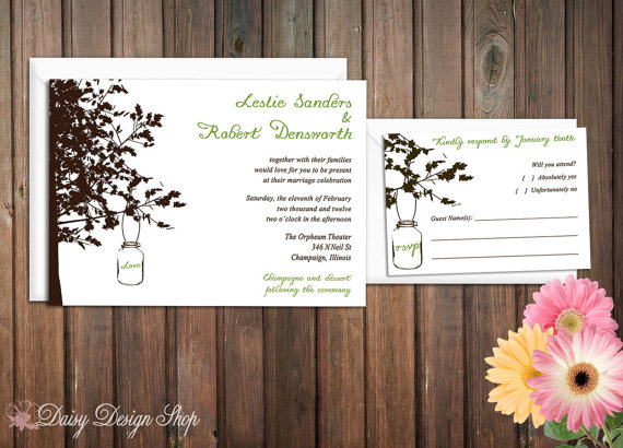 زفاف - Wedding Invitation - Mason Jar Hanging from a Tree Silhouette - Rustic Chic - Invitation and RSVP Card with Envelopes