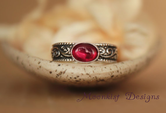 Wedding - Oval Garnet Bezel Set Promise Ring in Sterling Silver Swirl Pattern Band - January Birthstone - Unique Engagement Ring - Valentine's Day