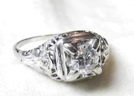 Wedding - Antique .80 Ct Diamond Engagement Ring 18K White Gold Art Deco Orange Blossom Transitional Cut Diamond Ring 1920s Engagement Ring