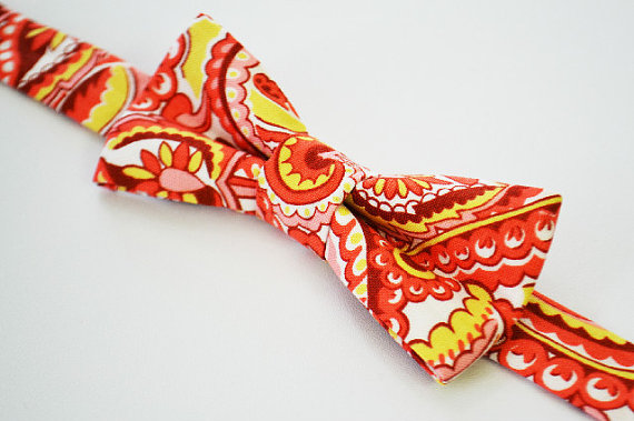 Wedding - Bowtie Boys Ages 2-10 in Coral and Yellow Paisley