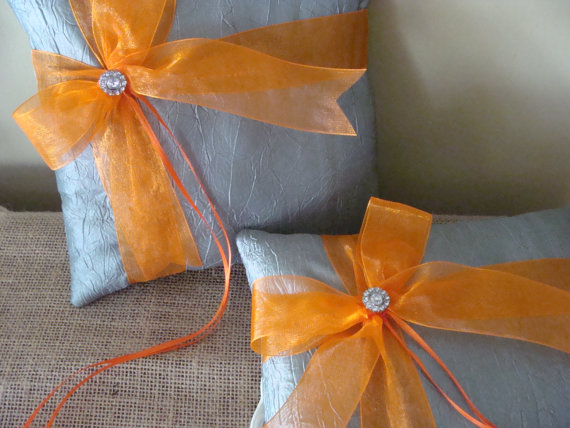 Wedding - Wedding Ring Bearer Pillow - Orange Organza Bow on Silver Gray Tafetta SET