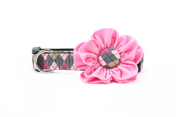 Mariage - Pink Flower Dog Collar Set, Argyle Dog Collar, Grey Wedding Party