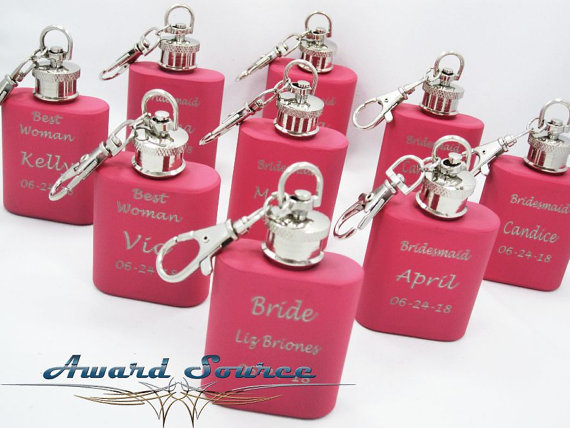 Свадьба - Bridesmaid Gift - Personalized Custom Engraved 1 oz Key Chain Pink Stainless Steel Flask - Three Lines of Text Engraved