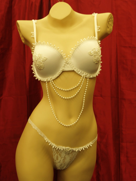 Wedding - White Brides Lingerie Set Bra and Thong hand sewn pearls and appliqués embellishments