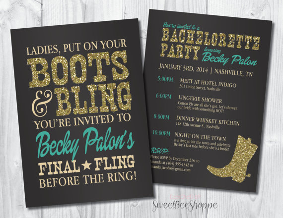 Hochzeit - Country Western Bachelorette Party Invitation, Boots & Bling Bachelorette Invite, Saloon/Cowgirl Bachelorette Invite, Printable digital file